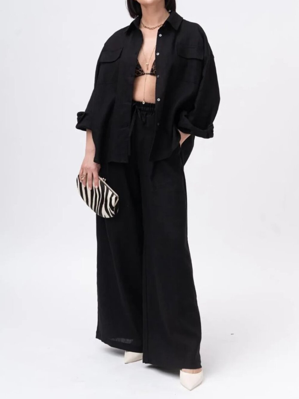 Hari Casuals 100% Linen High Rise Wide Leg Palazzo Pants in Black Size XL
